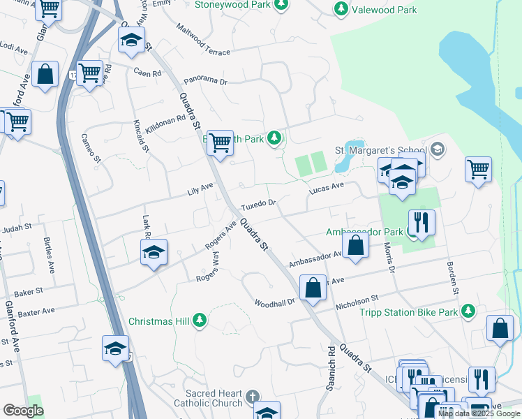 map of restaurants, bars, coffee shops, grocery stores, and more near 4166 Tuxedo Drive in Victoria