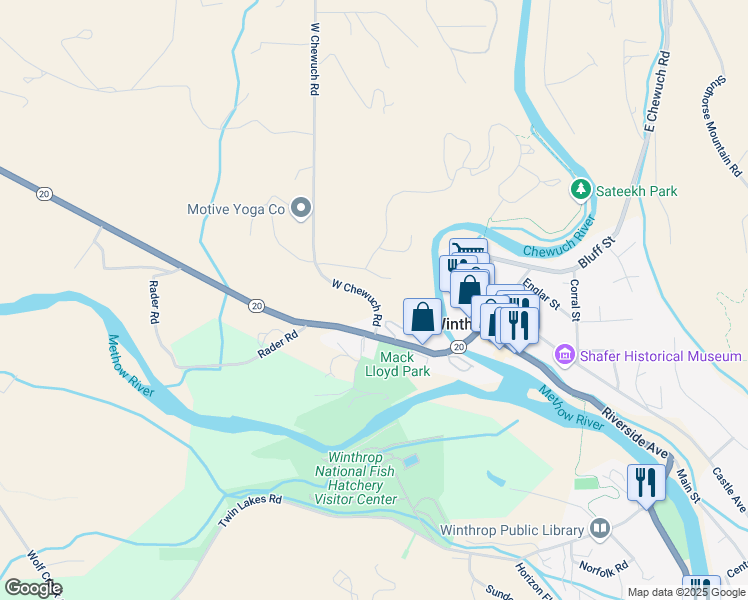 map of restaurants, bars, coffee shops, grocery stores, and more near 24 West Chewuch Road in Winthrop