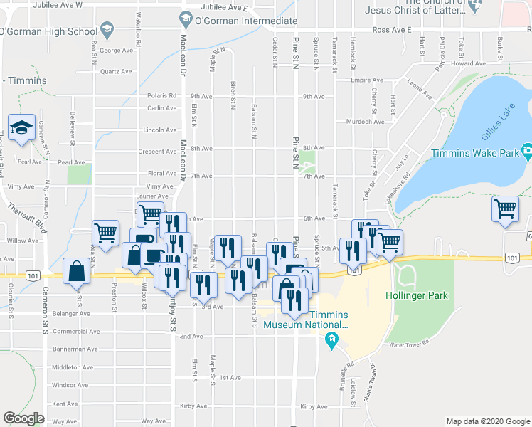 map of restaurants, bars, coffee shops, grocery stores, and more near 180 6th Avenue in Timmins
