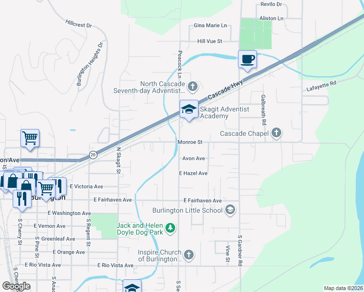 map of restaurants, bars, coffee shops, grocery stores, and more near 1520 Monroe Street in Burlington