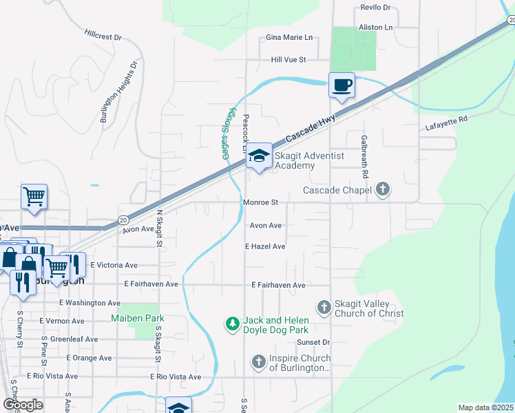 map of restaurants, bars, coffee shops, grocery stores, and more near 1520 Monroe Street in Burlington