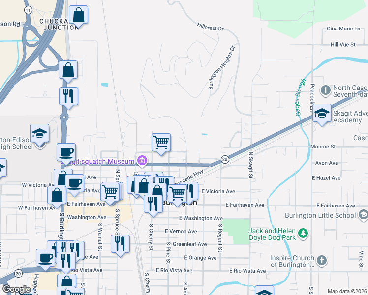 map of restaurants, bars, coffee shops, grocery stores, and more near 425 North Anacortes Street in Burlington