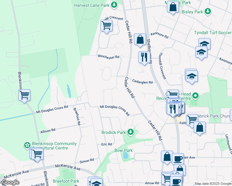 map of restaurants, bars, coffee shops, grocery stores, and more near 1504 Lynnfield Place in Victoria
