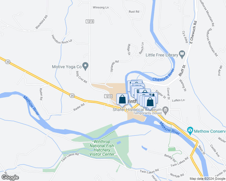 map of restaurants, bars, coffee shops, grocery stores, and more near 24 West Chewuch Road in Winthrop