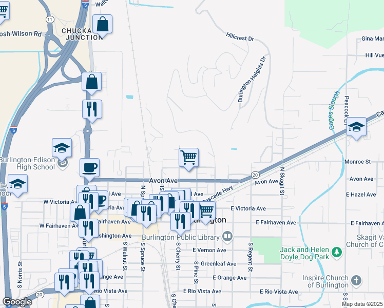 map of restaurants, bars, coffee shops, grocery stores, and more near 535 North Pine Street in Burlington