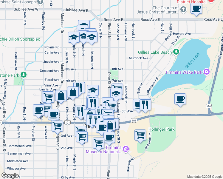map of restaurants, bars, coffee shops, grocery stores, and more near 156 Pine Street North in Timmins