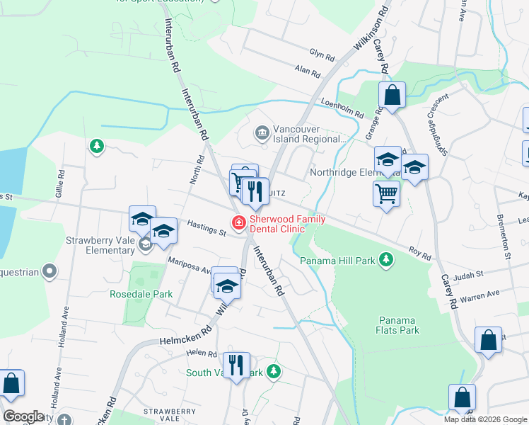 map of restaurants, bars, coffee shops, grocery stores, and more near 4147 Wilkinson Road in Victoria