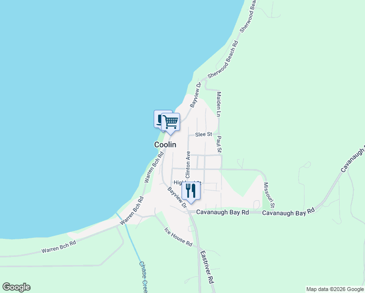 map of restaurants, bars, coffee shops, grocery stores, and more near 341 Bayview Drive in Coolin