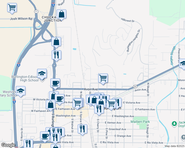 map of restaurants, bars, coffee shops, grocery stores, and more near 510 North Oak Street in Burlington