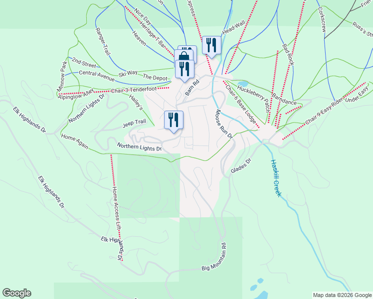 map of restaurants, bars, coffee shops, grocery stores, and more near 3800 Alpine Village Drive in Whitefish
