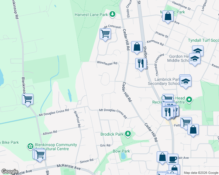 map of restaurants, bars, coffee shops, grocery stores, and more near 1525 Cedarglen Road in Victoria