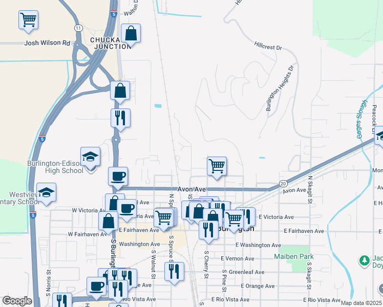 map of restaurants, bars, coffee shops, grocery stores, and more near 527 North Oak Street in Burlington