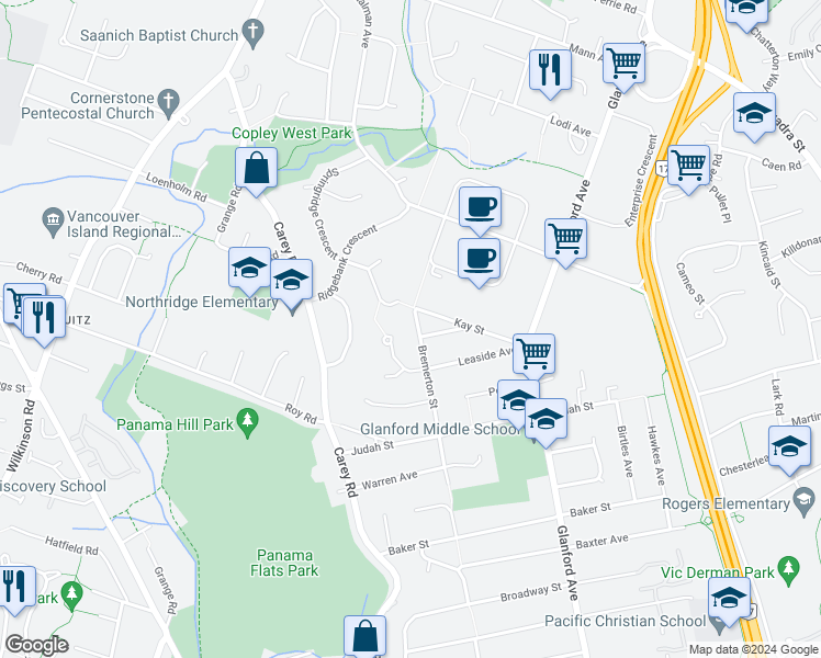 map of restaurants, bars, coffee shops, grocery stores, and more near 4194 Bremerton Street in Victoria