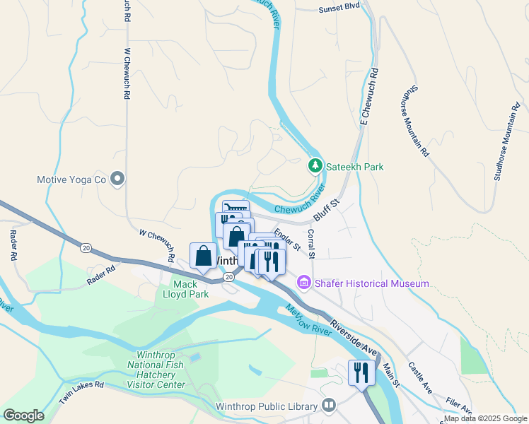 map of restaurants, bars, coffee shops, grocery stores, and more near 206 Bluff Street in Winthrop