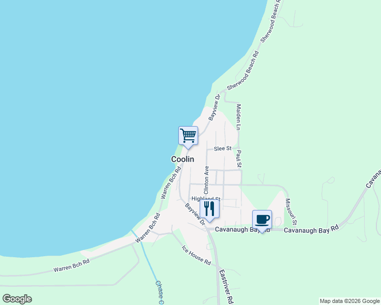 map of restaurants, bars, coffee shops, grocery stores, and more near 341 Bayview Drive in Coolin