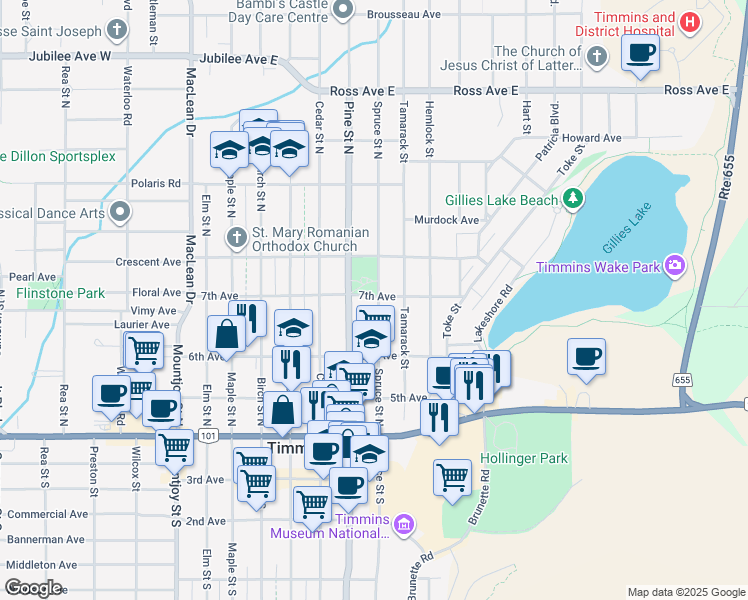 map of restaurants, bars, coffee shops, grocery stores, and more near 191 Spruce Street North in Timmins