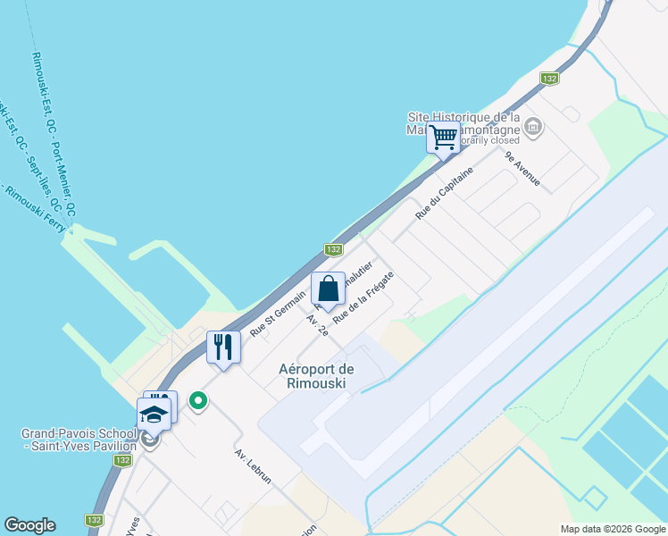 map of restaurants, bars, coffee shops, grocery stores, and more near 630 Rue Saint Germain East in Rimouski