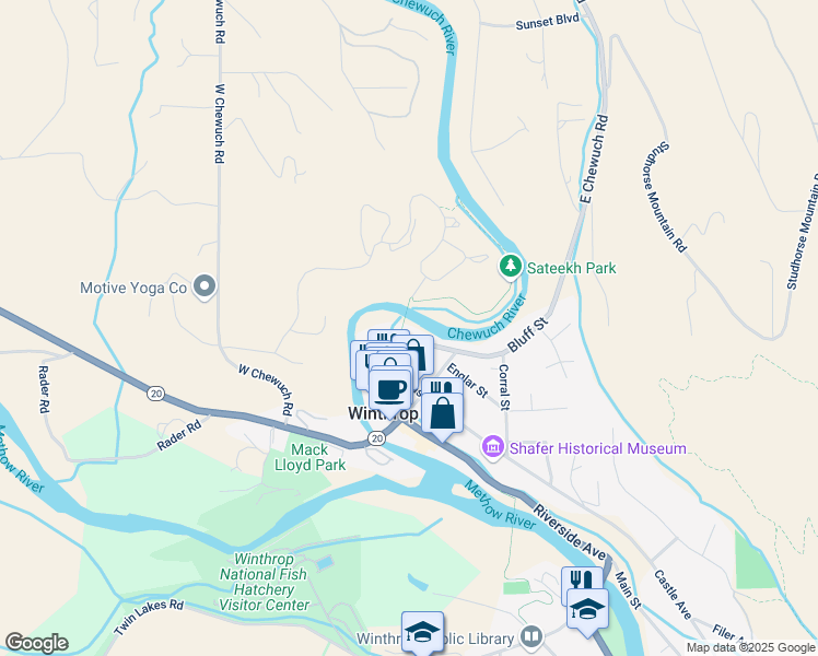 map of restaurants, bars, coffee shops, grocery stores, and more near 206 Bluff Street in Winthrop
