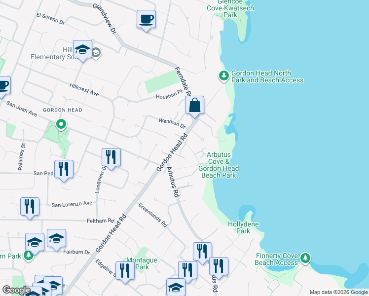 map of restaurants, bars, coffee shops, grocery stores, and more near 2205 Arbutus Cove Lane in Victoria