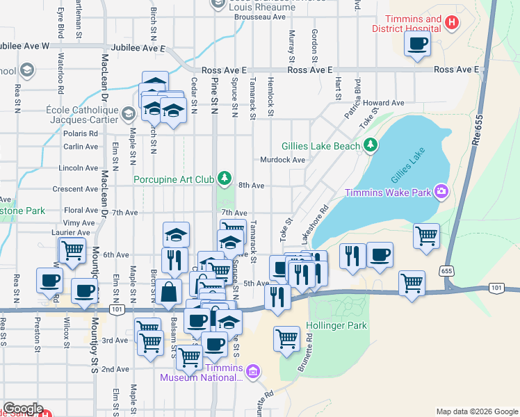 map of restaurants, bars, coffee shops, grocery stores, and more near 334 7th Avenue in Timmins