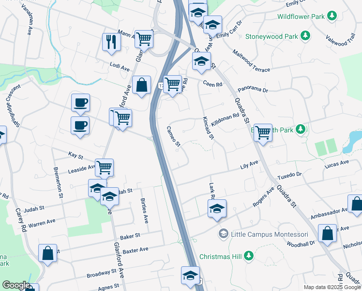 map of restaurants, bars, coffee shops, grocery stores, and more near 2160 Bernard Place in Victoria