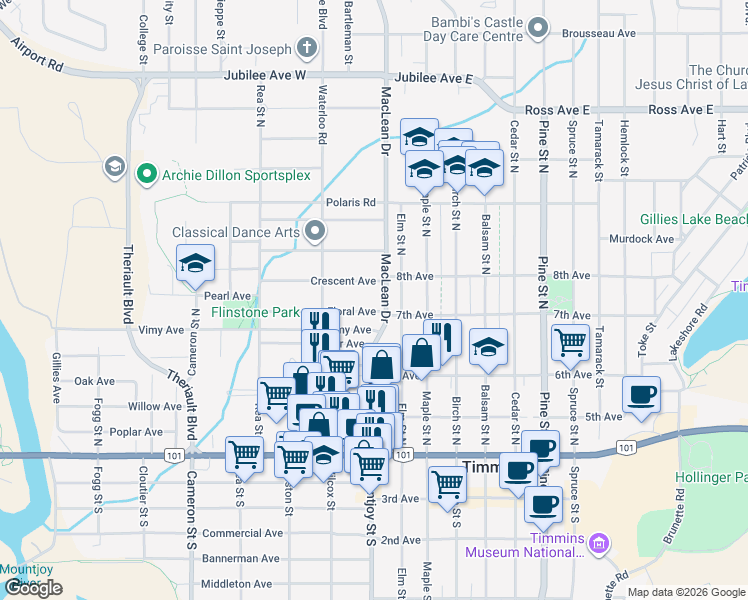 map of restaurants, bars, coffee shops, grocery stores, and more near 22 Floral Avenue in Timmins