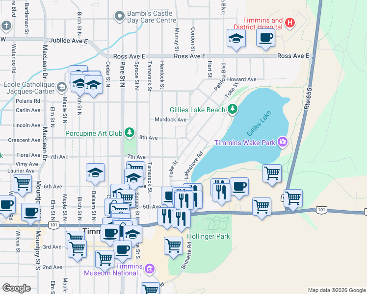 map of restaurants, bars, coffee shops, grocery stores, and more near 219 Toke Street in Timmins