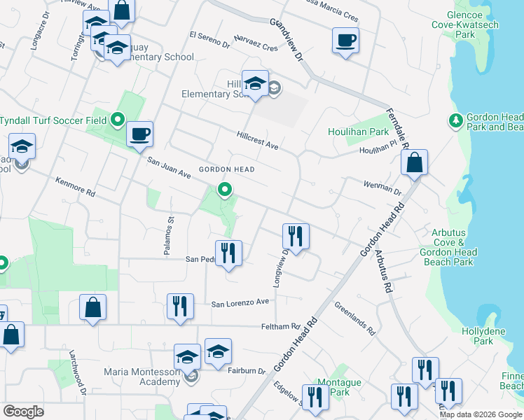 map of restaurants, bars, coffee shops, grocery stores, and more near 1918 San Pedro Avenue in Victoria