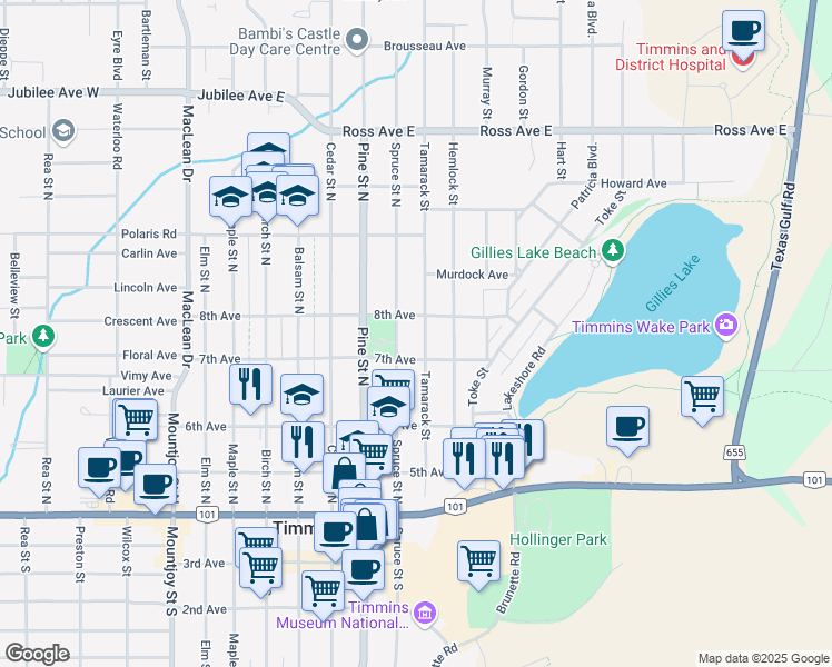 map of restaurants, bars, coffee shops, grocery stores, and more near 264 Spruce Street North in Timmins