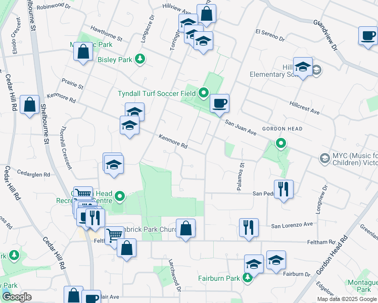 map of restaurants, bars, coffee shops, grocery stores, and more near 1753 Kenmore Road in Victoria