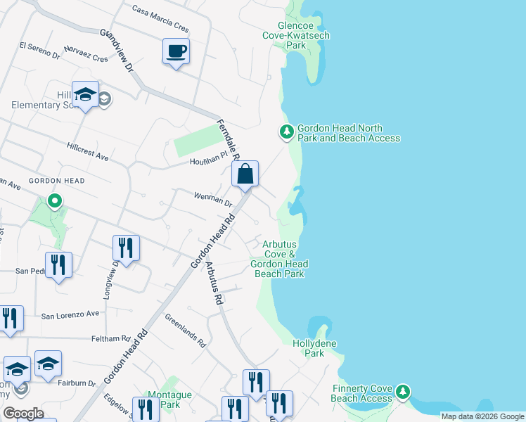 map of restaurants, bars, coffee shops, grocery stores, and more near 4297 Gordon Head Road in Victoria
