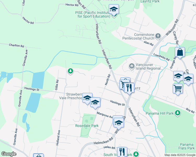 map of restaurants, bars, coffee shops, grocery stores, and more near 1313 Roy Road in Victoria