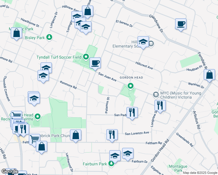 map of restaurants, bars, coffee shops, grocery stores, and more near 1827 Merida Place in Victoria