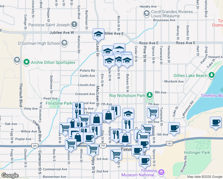 map of restaurants, bars, coffee shops, grocery stores, and more near 266 Maple Street North in Timmins
