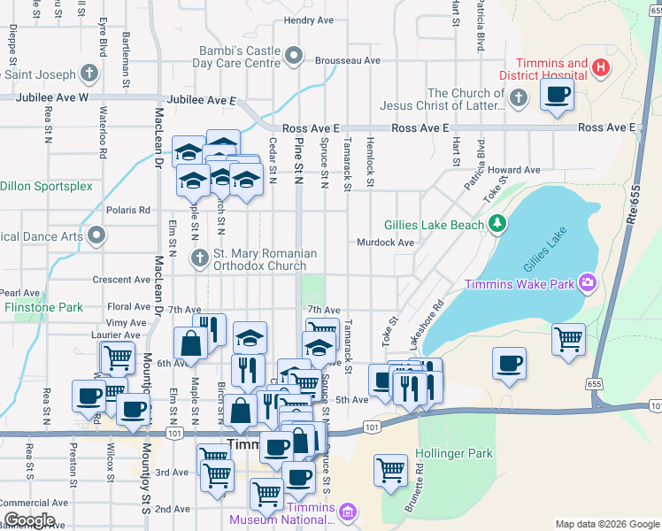 map of restaurants, bars, coffee shops, grocery stores, and more near 264 Spruce Street North in Timmins