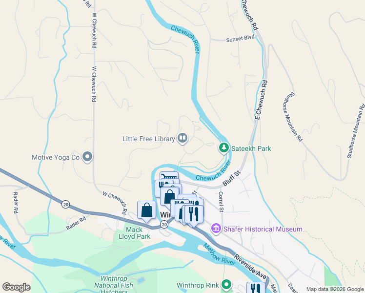 map of restaurants, bars, coffee shops, grocery stores, and more near 130 N Village Rd in Winthrop