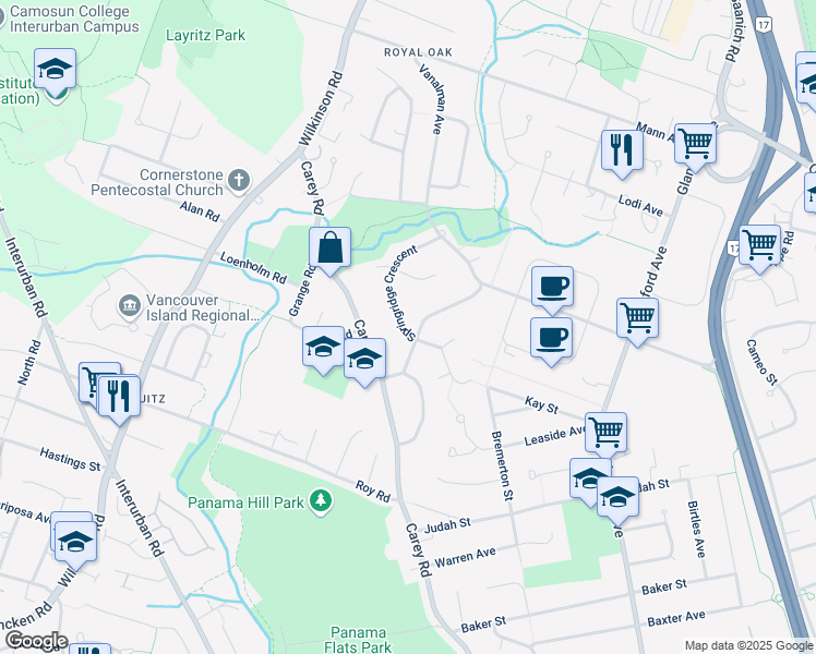 map of restaurants, bars, coffee shops, grocery stores, and more near 4221 Springridge Crescent in Victoria