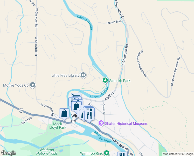 map of restaurants, bars, coffee shops, grocery stores, and more near 130 N Village Rd in Winthrop