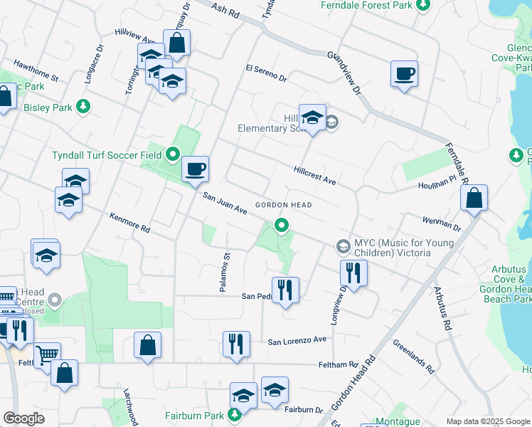 map of restaurants, bars, coffee shops, grocery stores, and more near 1842 San Juan Avenue in Victoria