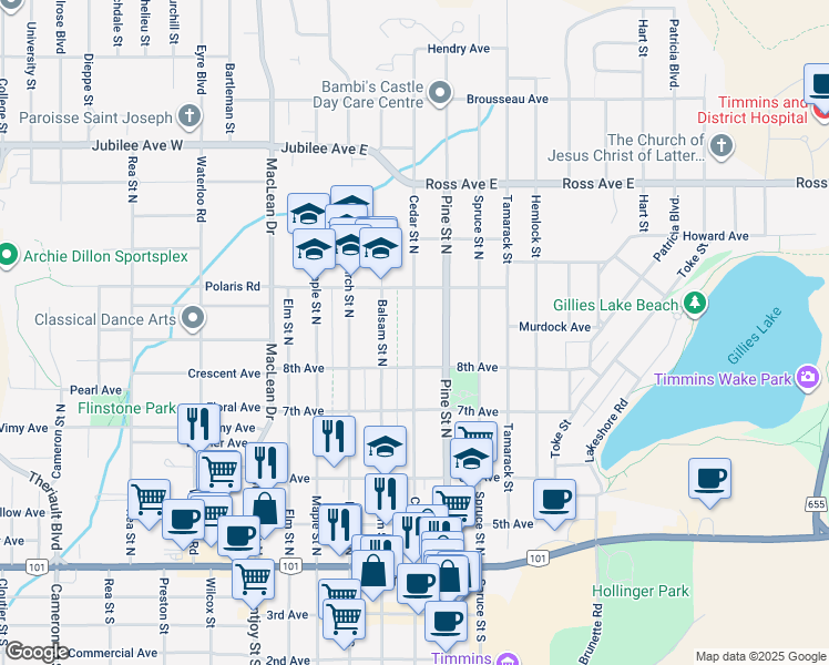 map of restaurants, bars, coffee shops, grocery stores, and more near 295 Cedar Street North in Timmins