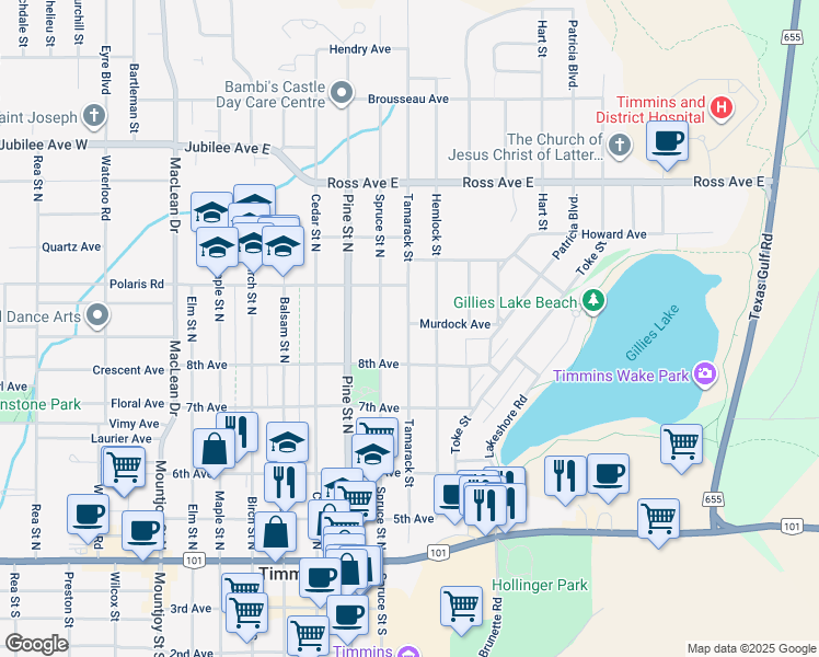 map of restaurants, bars, coffee shops, grocery stores, and more near 331 Murdoch Avenue in Timmins