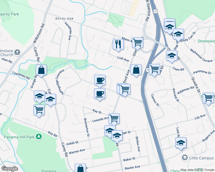 map of restaurants, bars, coffee shops, grocery stores, and more near 4253 Commerce Circle in Victoria