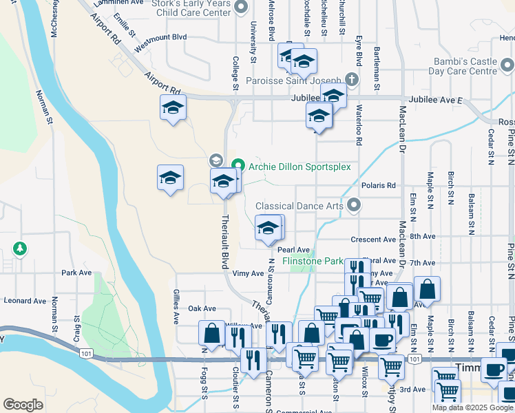 map of restaurants, bars, coffee shops, grocery stores, and more near 305 Cameron Street North in Timmins
