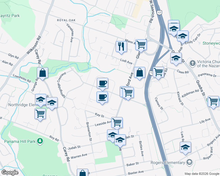 map of restaurants, bars, coffee shops, grocery stores, and more near 4253 Commerce Circle in Victoria
