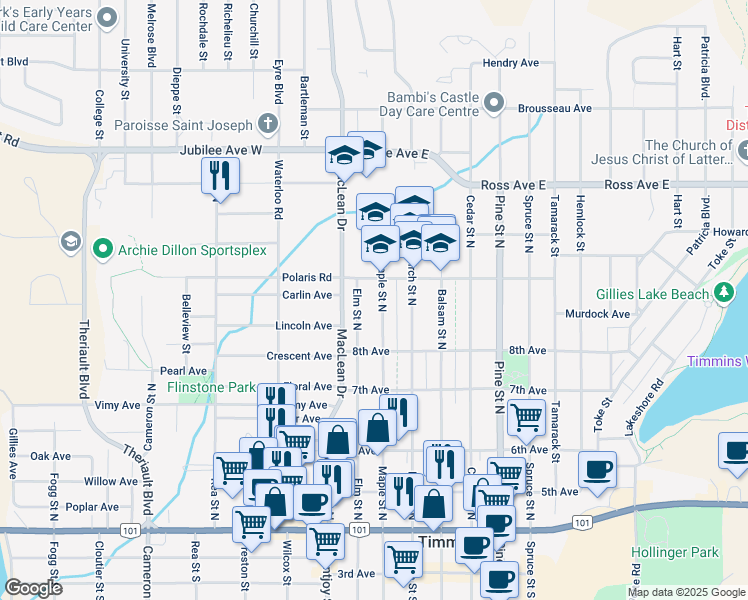map of restaurants, bars, coffee shops, grocery stores, and more near 332 Maple Street North in Timmins