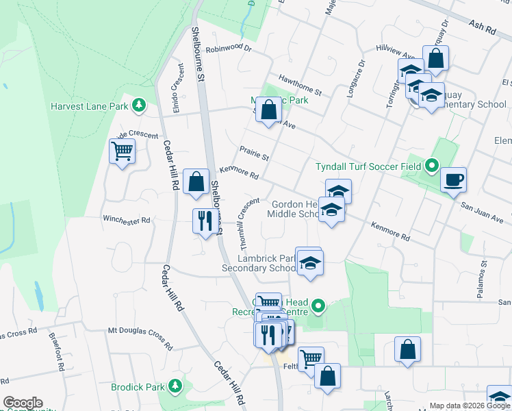 map of restaurants, bars, coffee shops, grocery stores, and more near 4257 Thornhill Crescent in Victoria