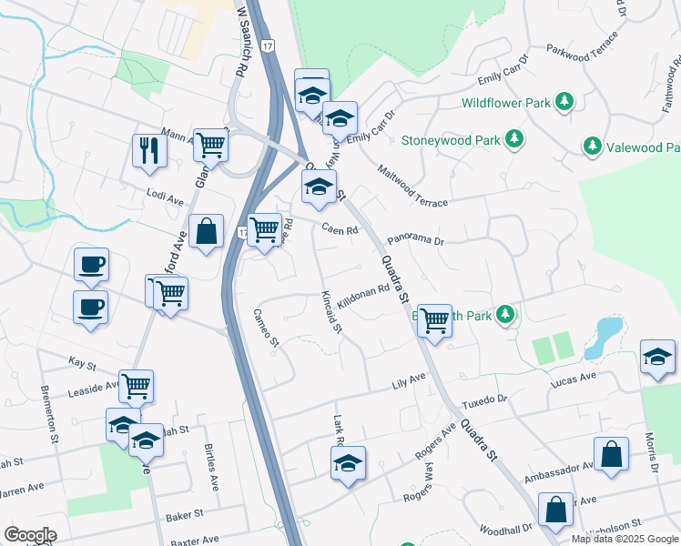 map of restaurants, bars, coffee shops, grocery stores, and more near Kimberly Place in Victoria