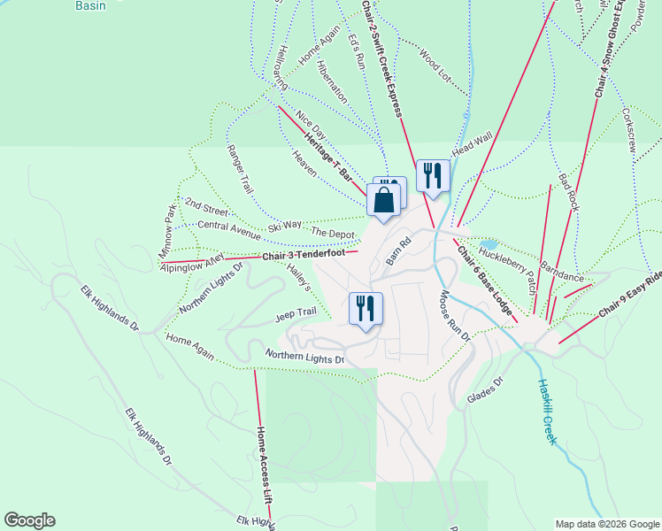 map of restaurants, bars, coffee shops, grocery stores, and more near 3868 Gelande Street in Whitefish