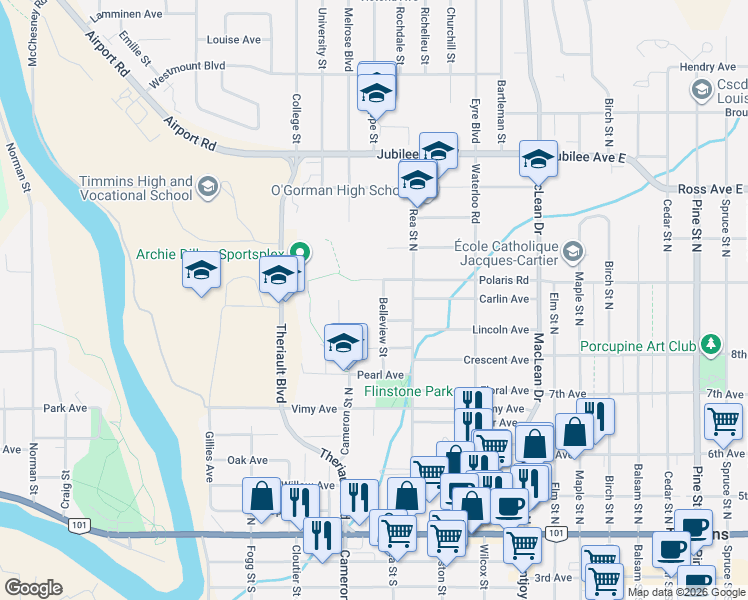 map of restaurants, bars, coffee shops, grocery stores, and more near 327 Belleview Street in Timmins