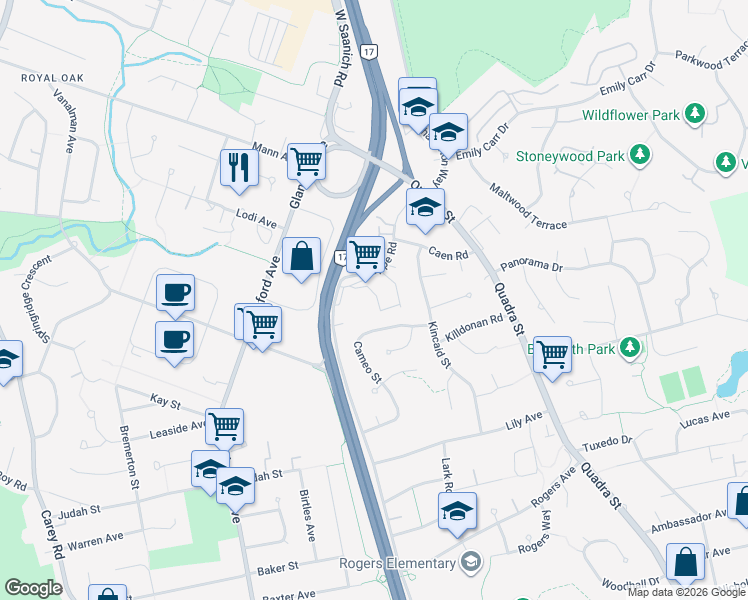 map of restaurants, bars, coffee shops, grocery stores, and more near 4247 Dieppe Road in Victoria